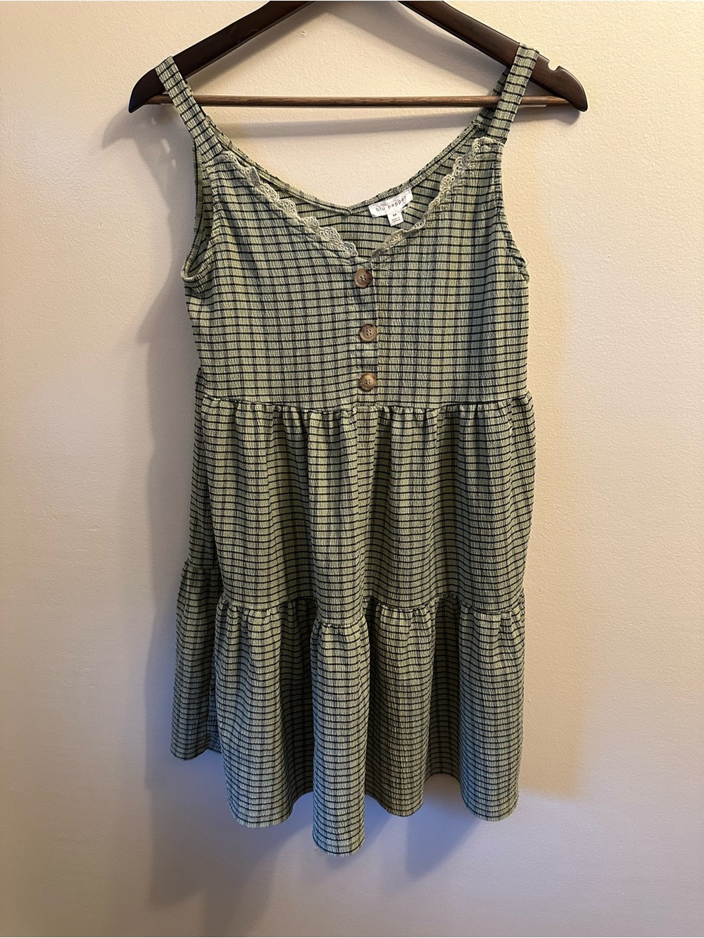 #336 Blu Pepper Green Plaid Tiered Sundress with Button Front